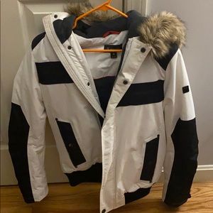 INC Winter White Faux-fur Hood Colorblocked jacket